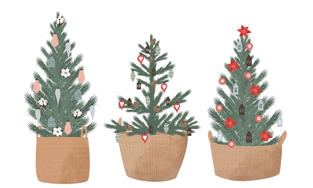 Vector three beautifully decorated christmas trees