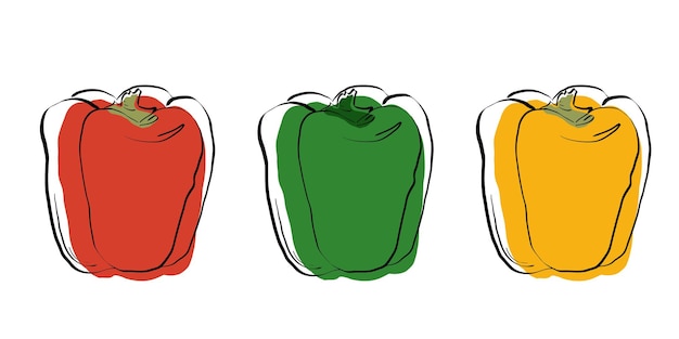 Три болгарских перца, изолированные на белом фоне. Паприка. Ручной рисунок. Установлены. Красный, зеленый и