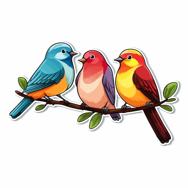 three birds on a branch with a white background
