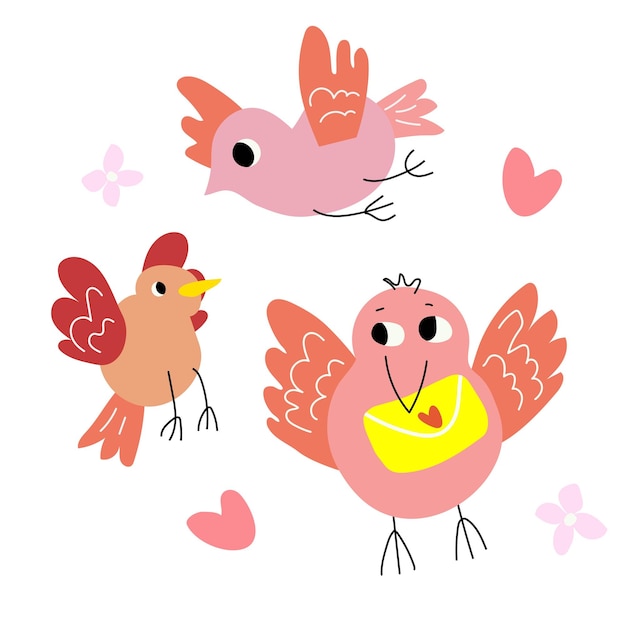 Three birds flying One bird is carrying an envelope Hand drawn vector illustration Love birds