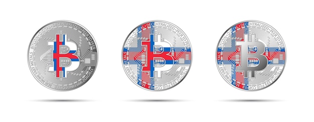 Vector three bitcoin crypto coins with the flag of faroe islands money of the future modern cryptocurrency vector illustration