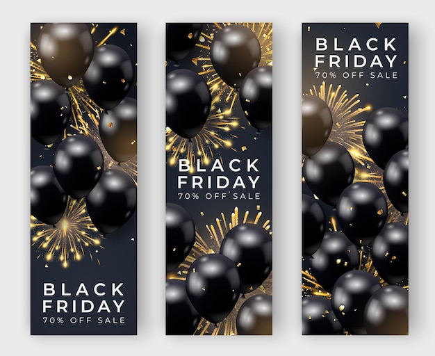 Tre poster di vendita verticale del black friday con palloncini realistici, fuochi d'artificio e coriandoli