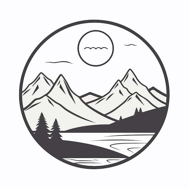 Three black and white circles with mountain silhouettes in the middle