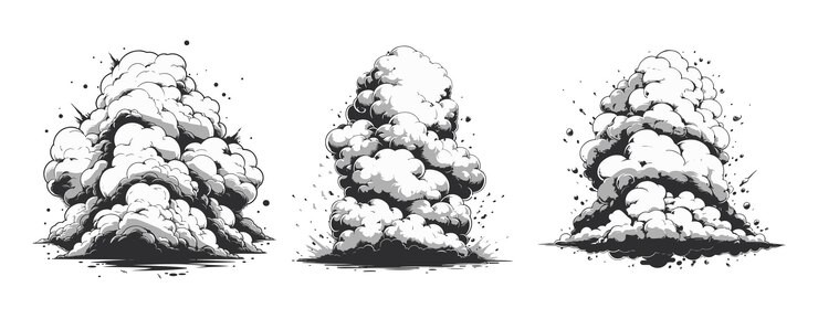 Vector three black and white smoke cloud illustrations isolated on white generative ai