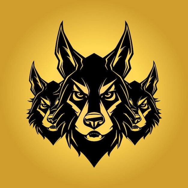 Three black wolf head on yellow background