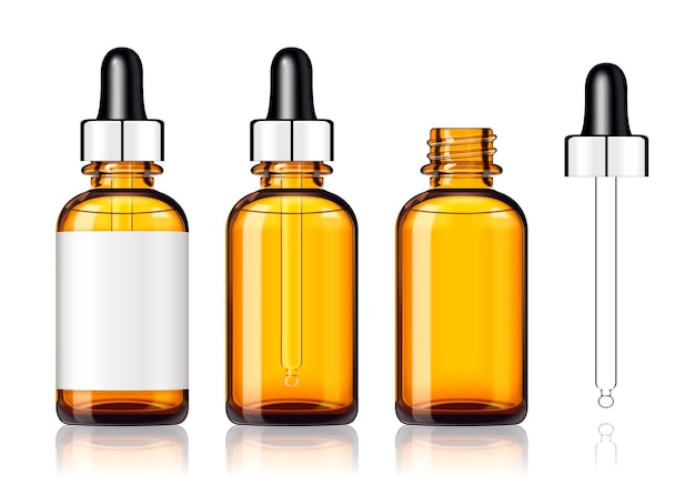 three blank droplet bottles on white surface in 3d style