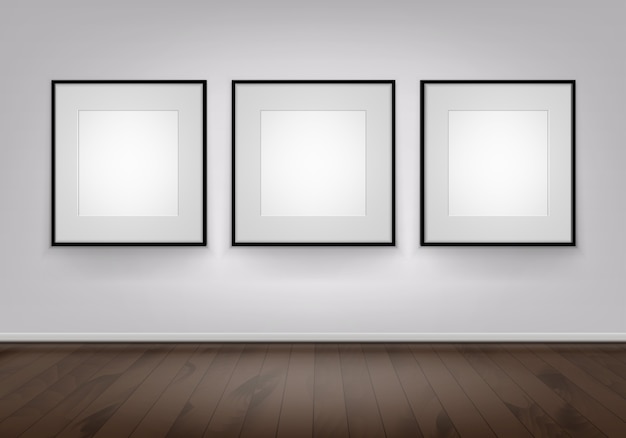 Three Blank Posters Pictures Black Frames on Wall