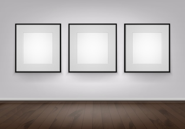 Vector three blank posters pictures black frames on wall