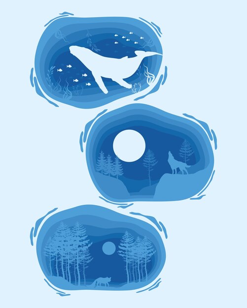 Three blue paper cut icons