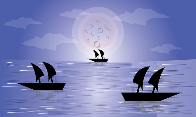 Three boats on the water with the sun behind them