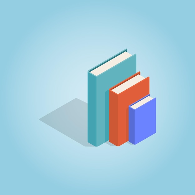 Три книги, стоящие вертикально, икона в изометрическом 3D-стиле на синем фоне Символ чтения