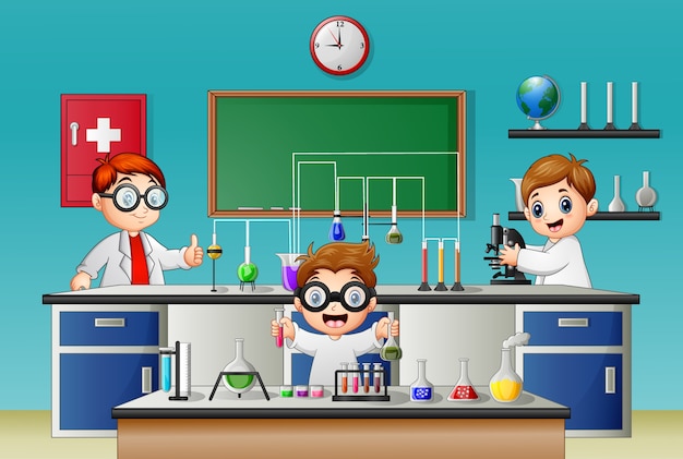 Three boy doing experiment in the lab