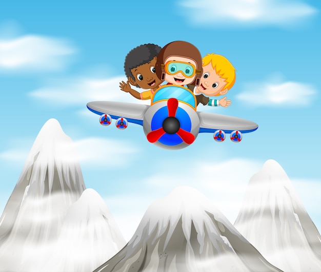 three boy riding a plane over mountain