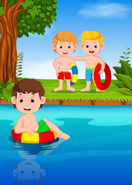 three boy swimming in the river