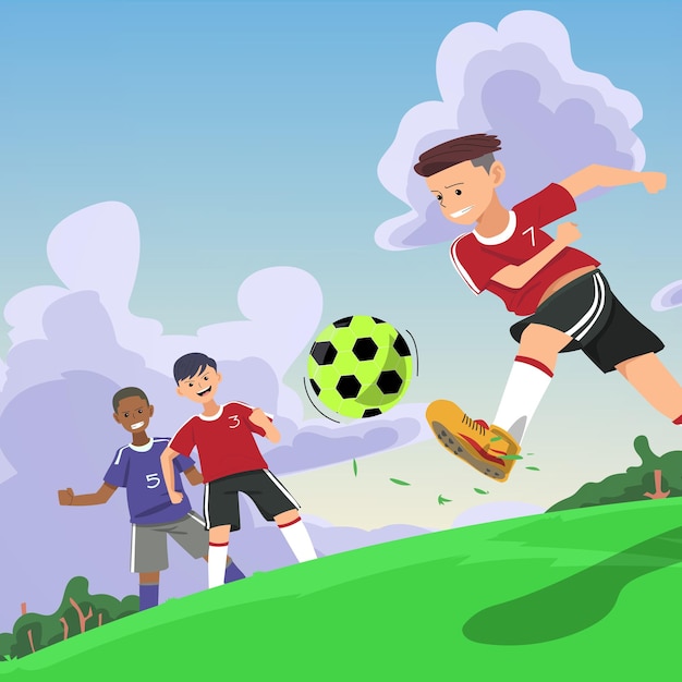 Three boys playing football hand drawn illustration