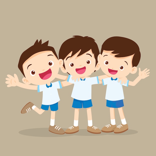 Три мальчика ученик обниматься и улыбаться
