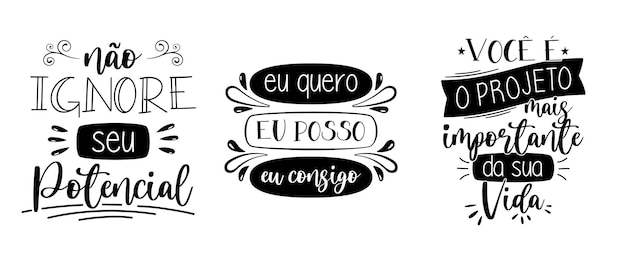 Vettore tre frasi motivazionali portoghesi brasiliane