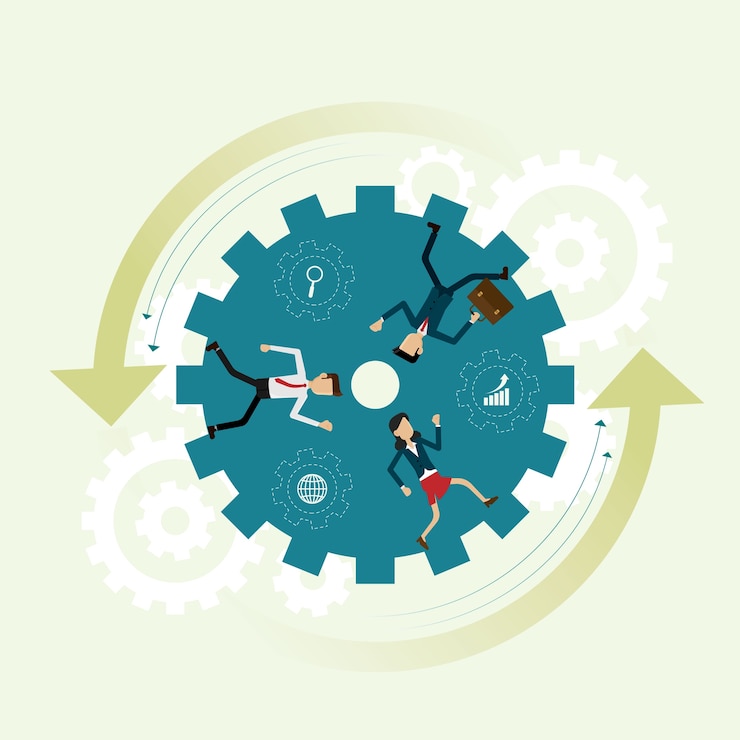 Vector three business people running inside gear 