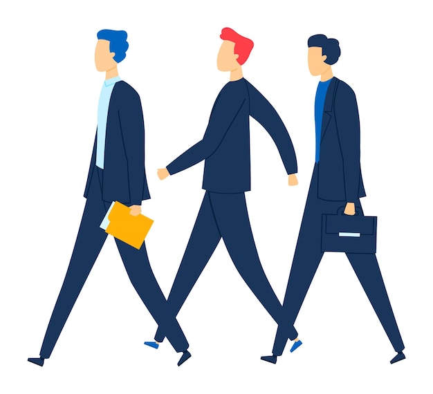 Three business professionals walking together holding briefcases folders wearing suits isolated