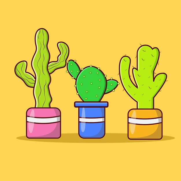 Three cactus with different shape and color in a pot