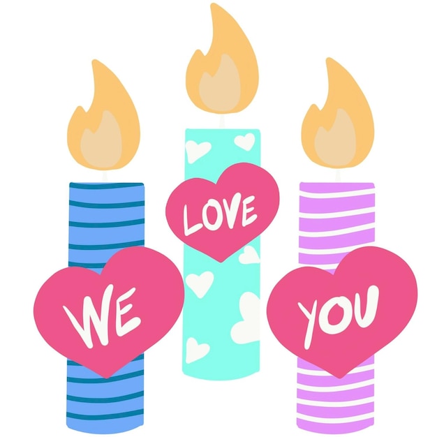 three candles with hearts and candles with the words we love you