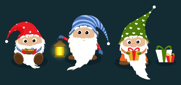 Three cartoon christmas gnomes