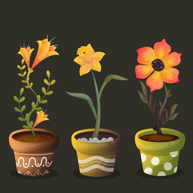 Vector three cartoon flowers in potscute simple card with spring flowers plant pots and soil