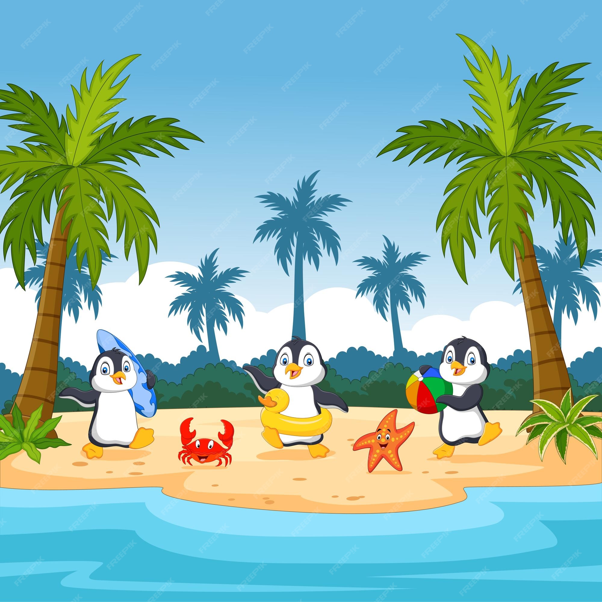 Premium Vector | Three cartoon penguins on a tropical island