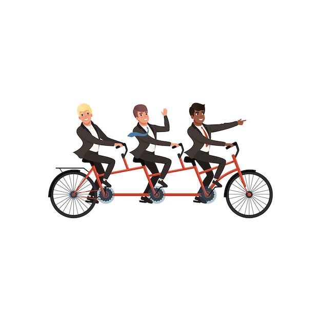 Tre uomini allegri in abiti classici neri che guidano una bicicletta tandem partner commerciali lavoro di squadra personaggi dei cartoni animati giovani impiegati design piatto vettoriale