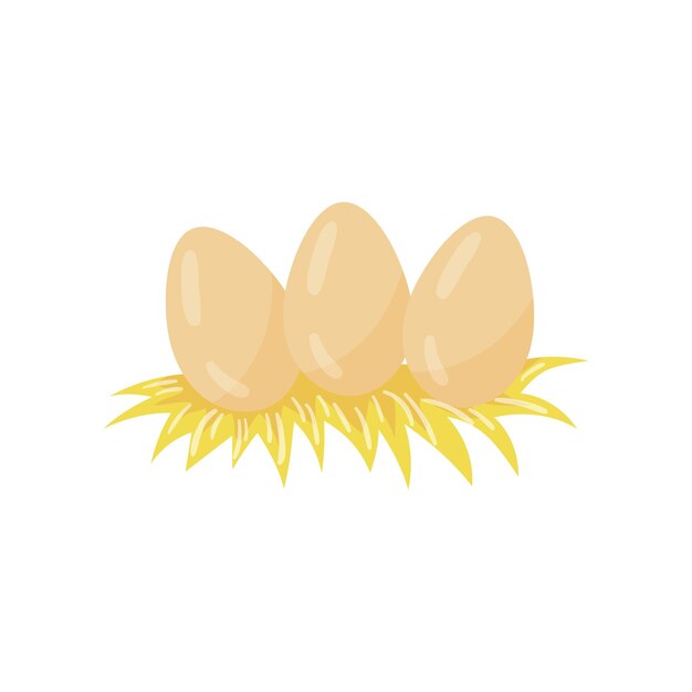 Три куриных яйца, лежащие в сеновом гнезде органический сельскохозяйственный продукт концепция разведения птицы тема сельского хозяйства мультфильм плоская векторная иллюстрация