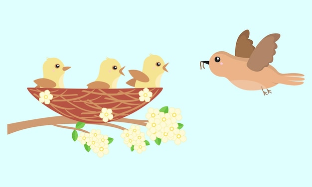 Vector three chicks in the nest and mother bird flying to feed them cartoon vector illustration for kids