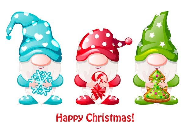 Vector three christmas gnomes three gnomes are holding christmas items