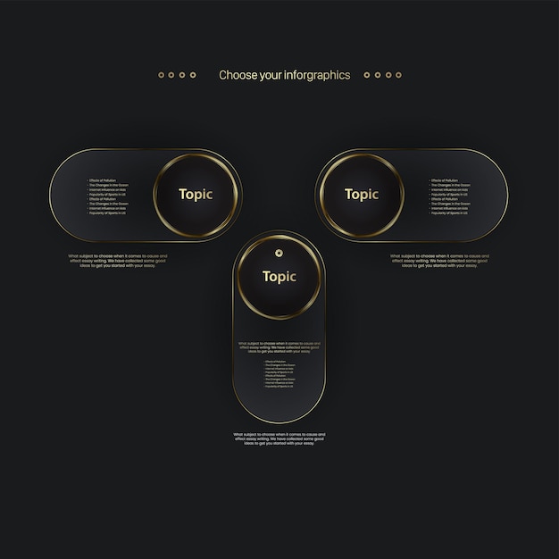 Vector three circles shape level buttons design set of charts in golden icons templates vector illustration