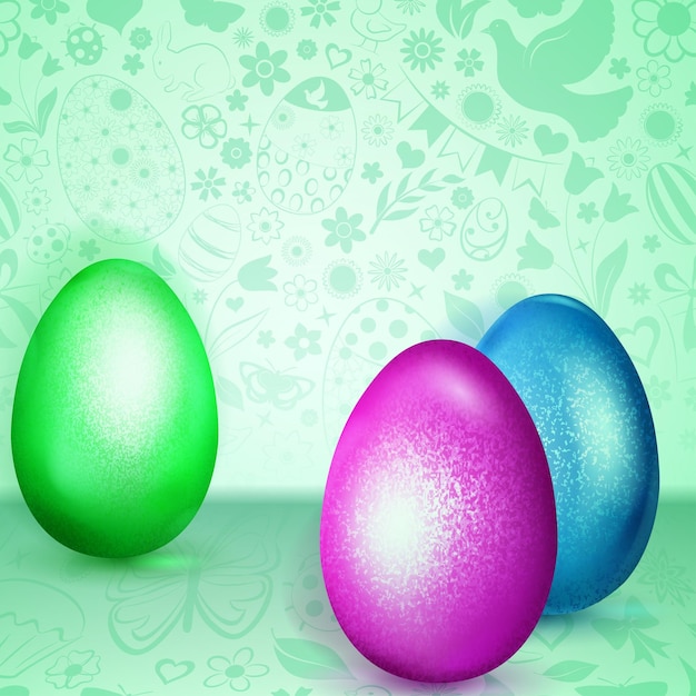 Three colored Easter eggs standing on turquoise background of flowers cakes hare chicken and other holiday symbols