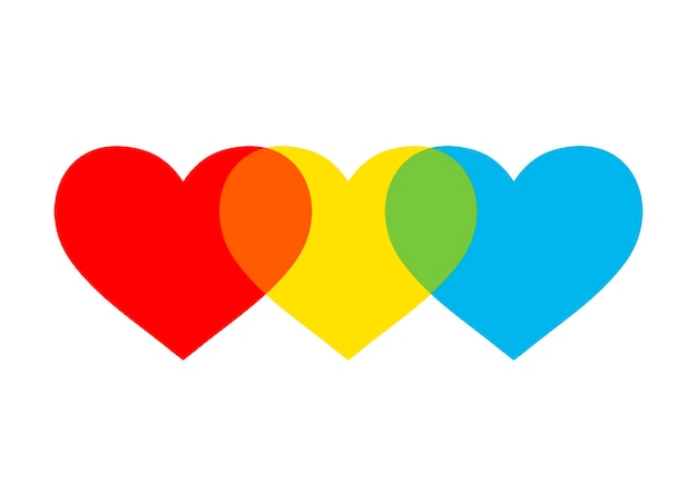 Three colored hearts Hearts in basic and derived colors