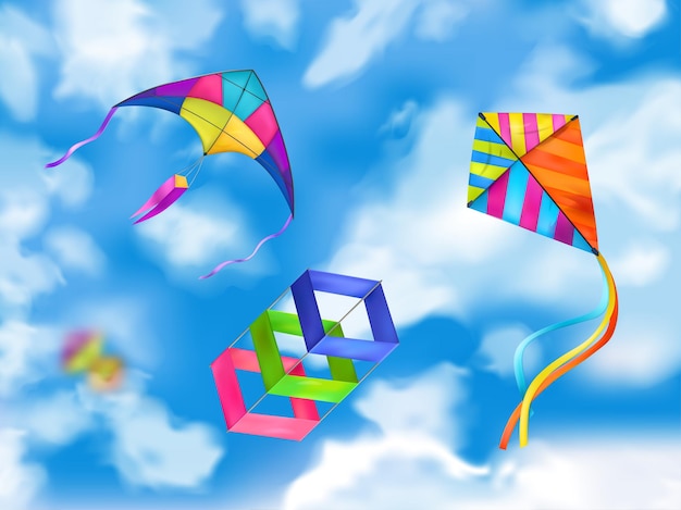 Vettore illustrazione del cielo di tre aquiloni colorati e realistici