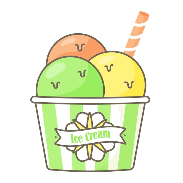 Three colorful scoops of ice cream in a paper striped cup