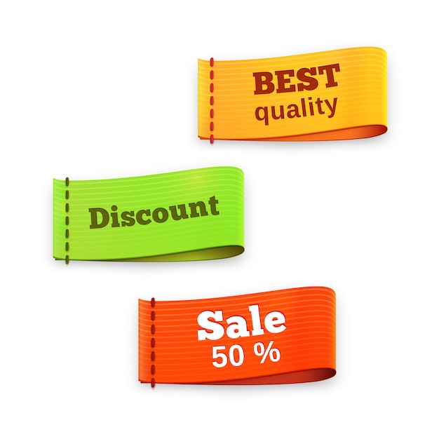 Three colorful vector fabric tag labels reading - best quality - discount - sale 50 percent - for retail and shopping with texture and dimension