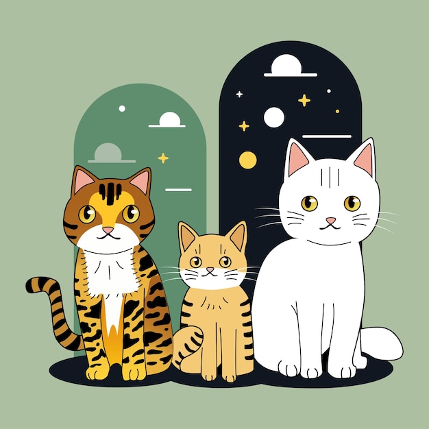 Three cute cats domestic animals square postcard gift sticker vector illustration banner art