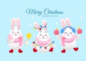 ベクトル 青色の背景に 3 つのかわいいクリスマスのウサギと雪が降っています。
