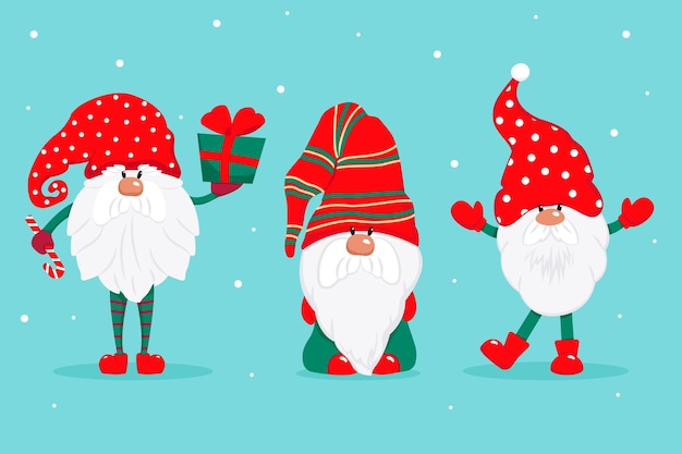 Three cute Christmas gnomes Vector characters with gifts candies illustration