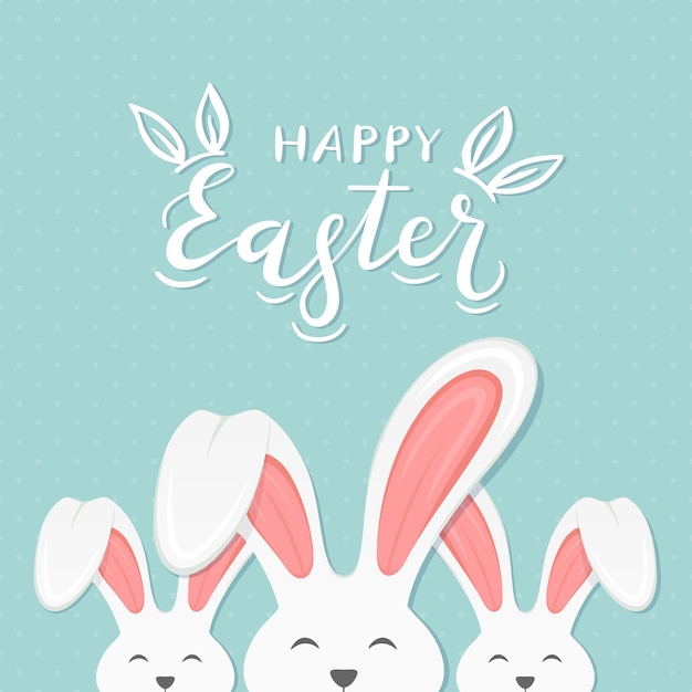 Vector three cute easter rabbits. bunny ears and lettering happy easter on blue background, illustration.