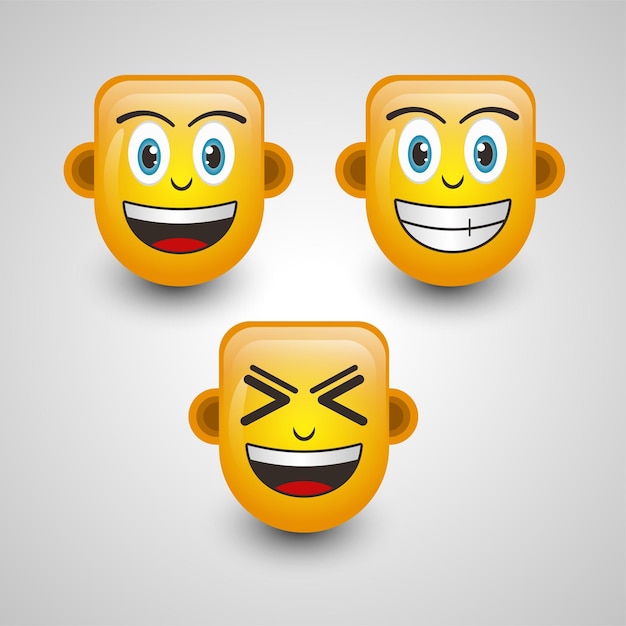 Tre simpatici emoticon faccia felice isolati su sfondo bianco