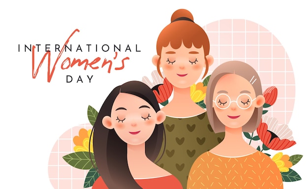 Three cute girls with lettering: International women's day