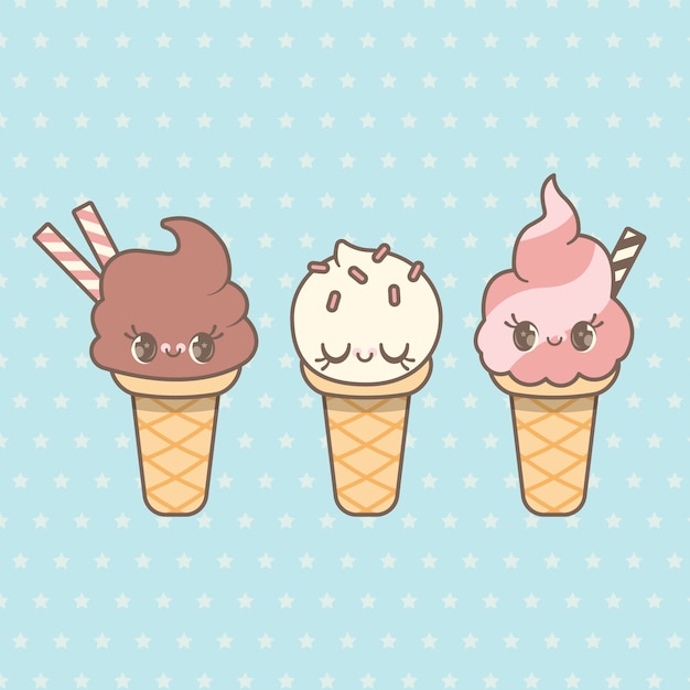 Three cute kawaii ice creams set