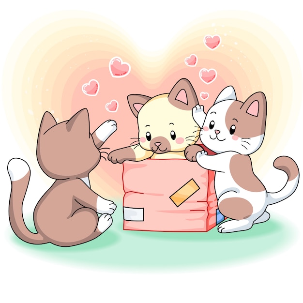 Three cute kittens playing together with a box