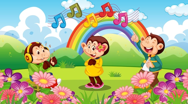 Tre simpatici personaggi dei cartoni animati di scimmie al parco con arcobaleno