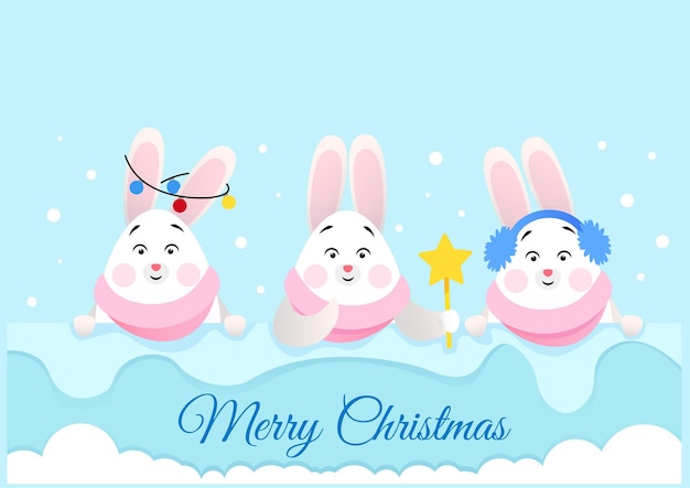 Three cute rabbits peek out of the snow and wish you a merry christmas