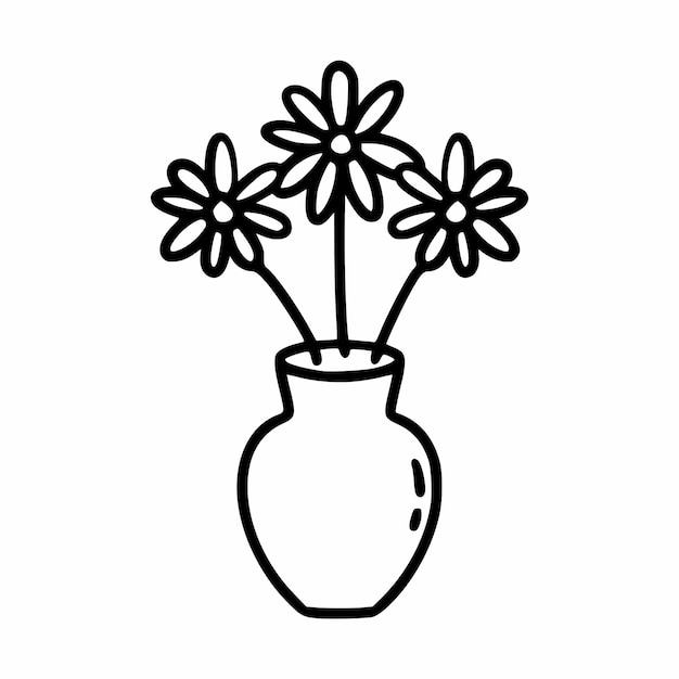 Three daisies in vase Vector doodle illustration Postcard decor element Lovely flowers