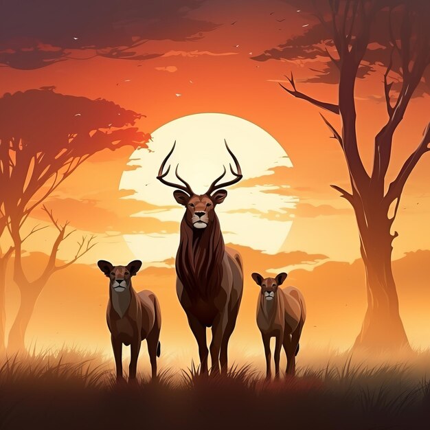 Three deer standing in front of a sunset with trees in the background